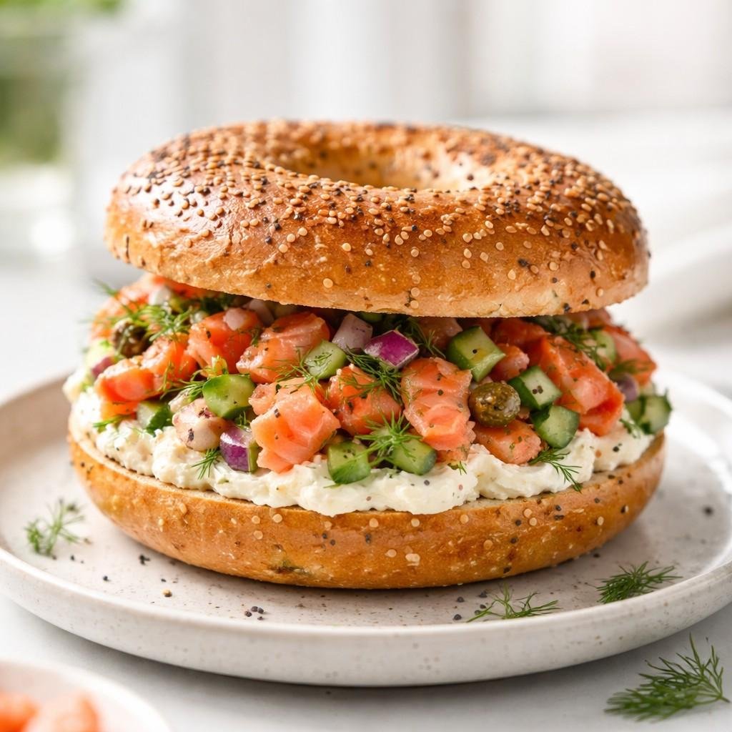 Chopped Smoked Salmon Veggie Bagel Sandwich