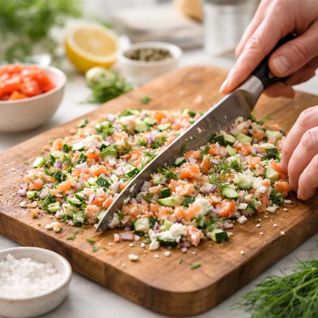 Chopping smoked salmon bagel filling