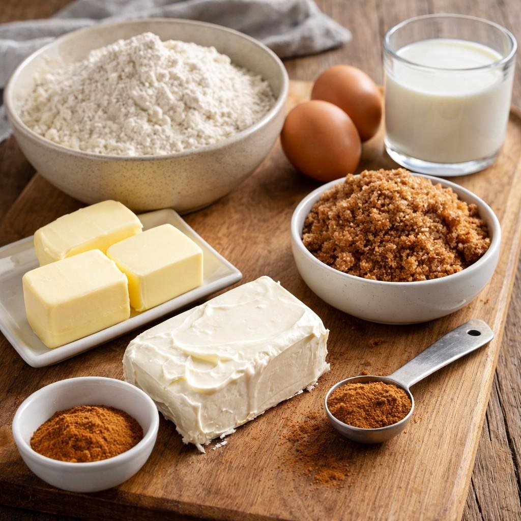 Cinnamon roll ingredients on wooden board