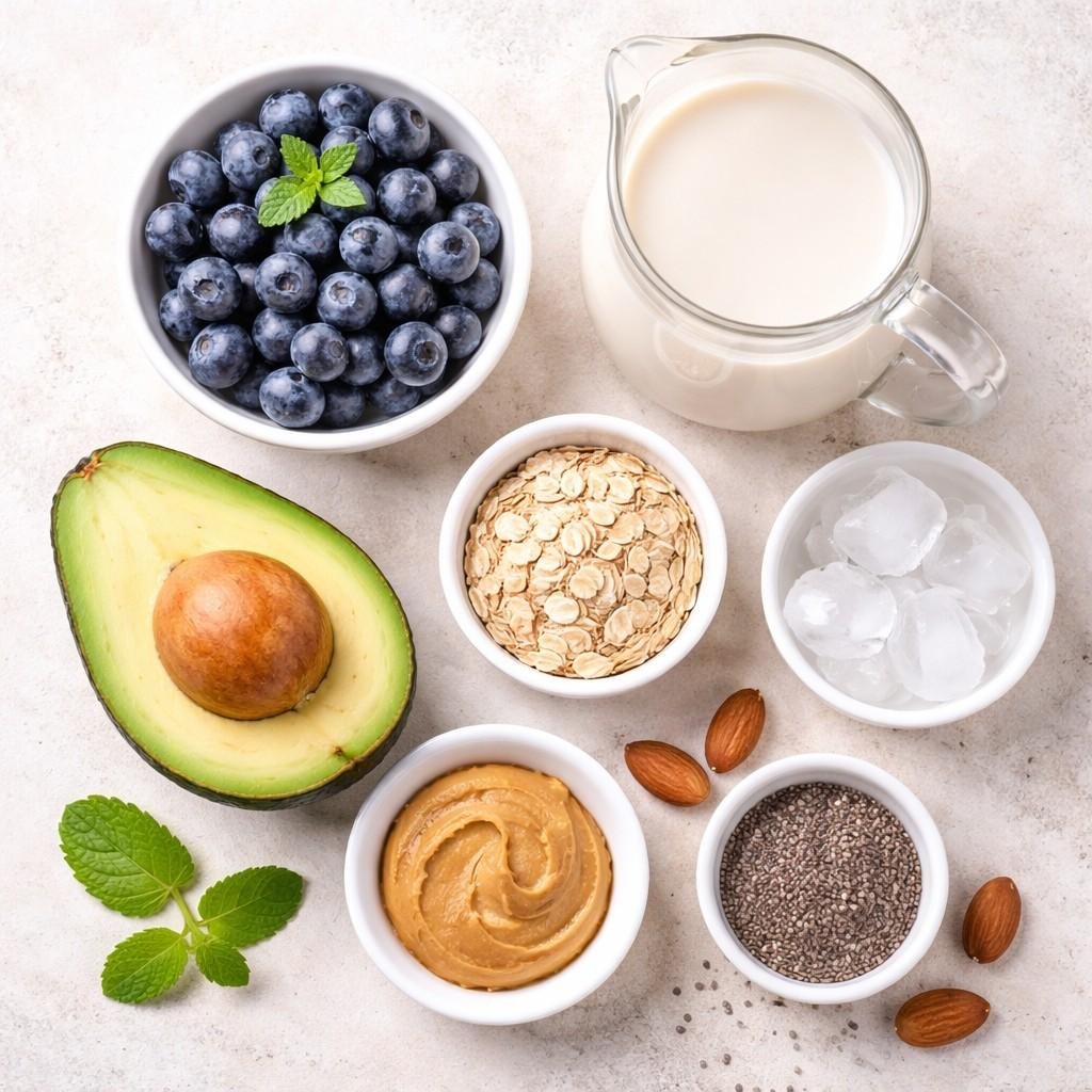 Creamy blueberry avocado smoothie ingredients