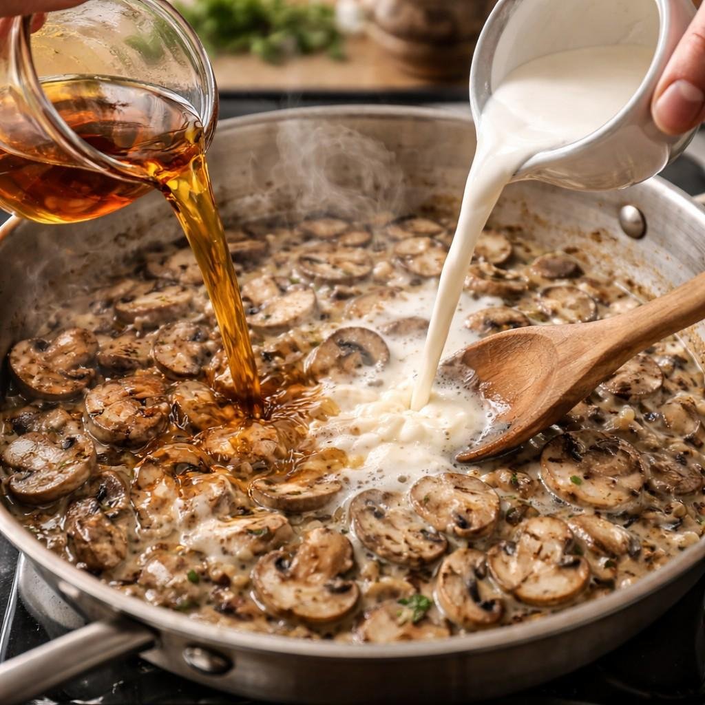 Creamy mushroom Marsala sauce in progress