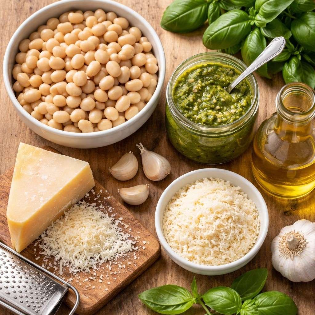 Creamy pesto white bean ingredients