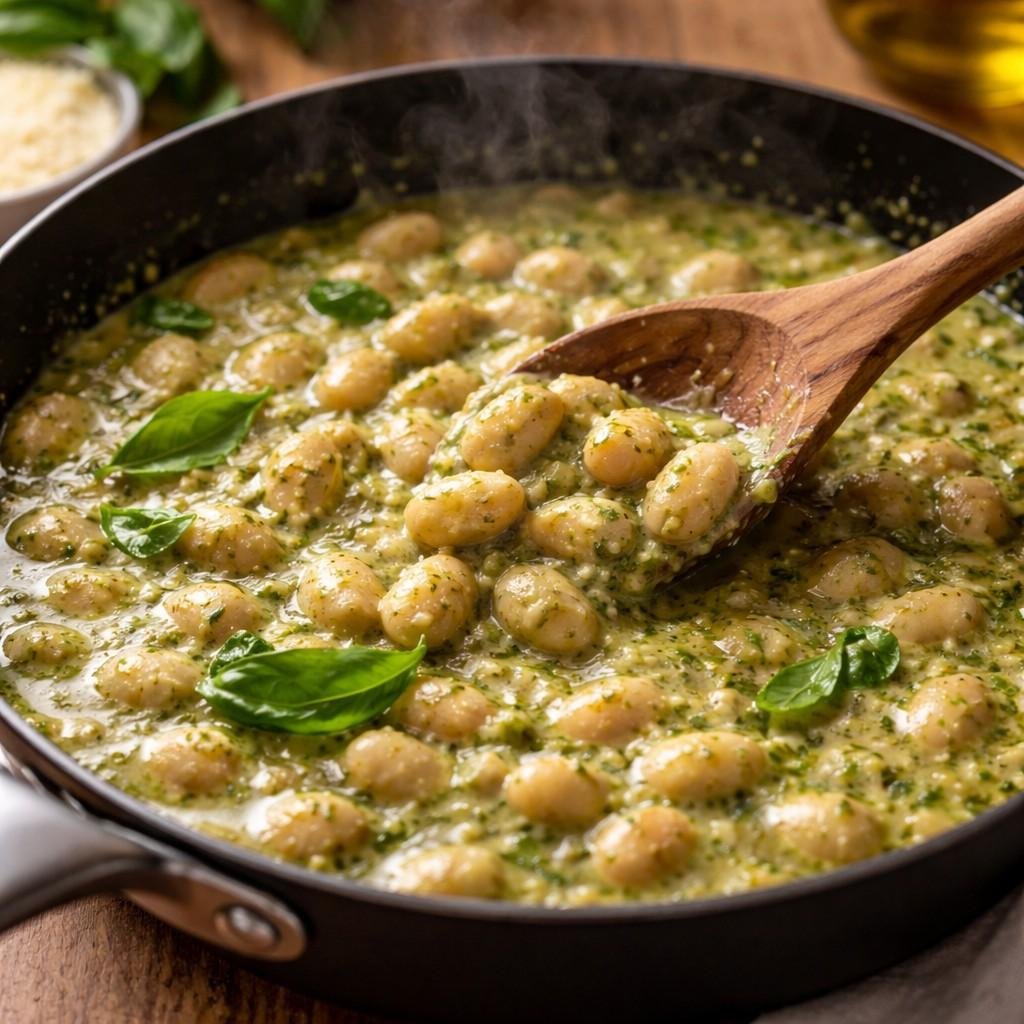 Creamy pesto white beans in skillet