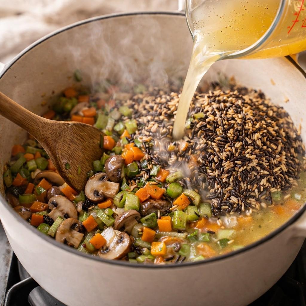 Creamy wild rice soup in preparation