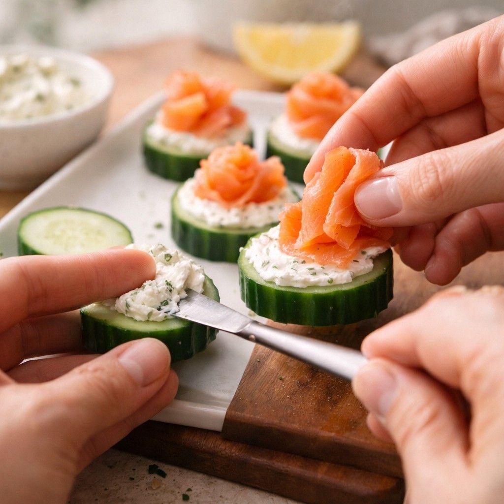 Cucumber and smoked salmon bites assembly