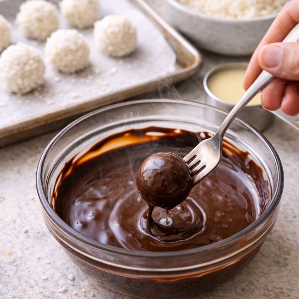 Dipping coconut balls in chocolate syrup
