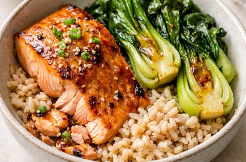 Easy Sheet Pan Salmon with Bok Choy and Rice