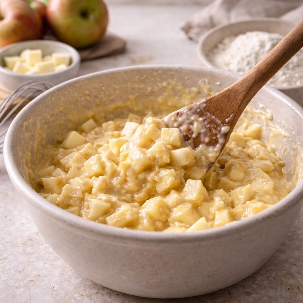 Folding apples into cake batter