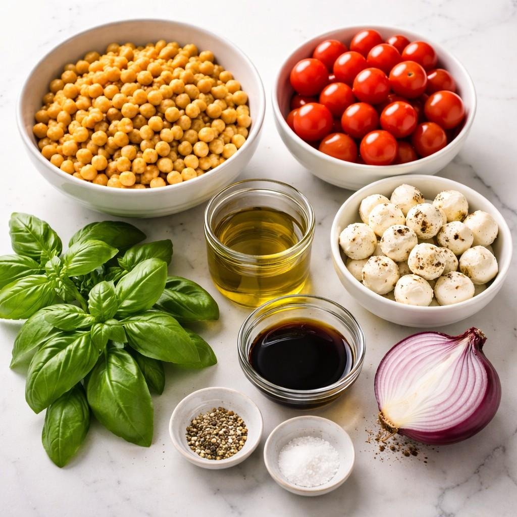 Fresh ingredients for Caprese chickpea salad