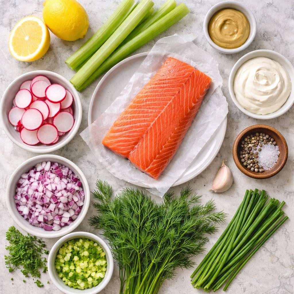 Fresh ingredients for creamy salmon salad