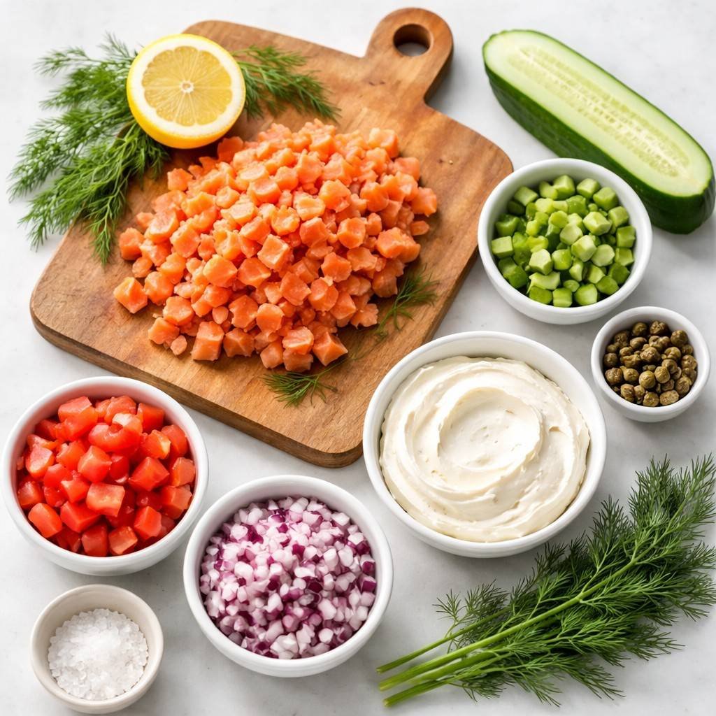 Fresh ingredients for smoked salmon bagels