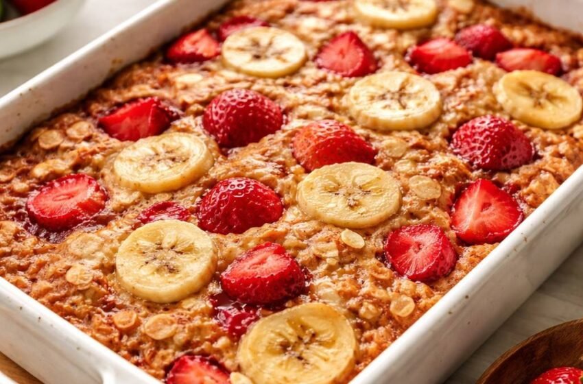 Fresh strawberry banana baked oatmeal