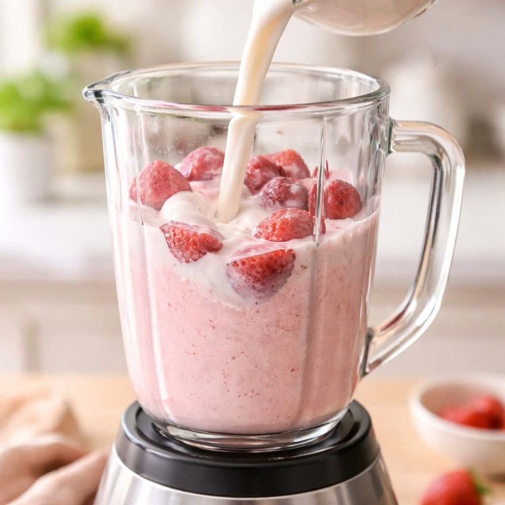 Fresh strawberry smoothie in the making