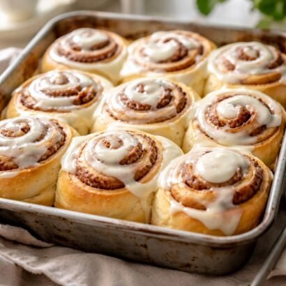 Freshly baked cinnamon rolls with frosting