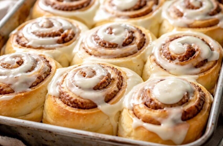 Freshly baked cinnamon rolls with frosting