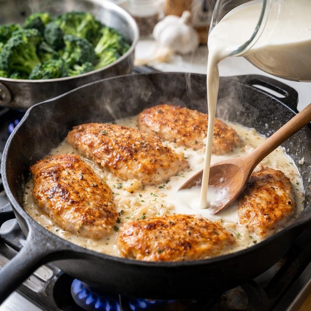Garlic chicken and broccoli skillet cooking