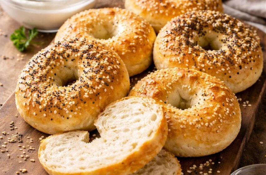 Golden bagels with yogurt and seeds