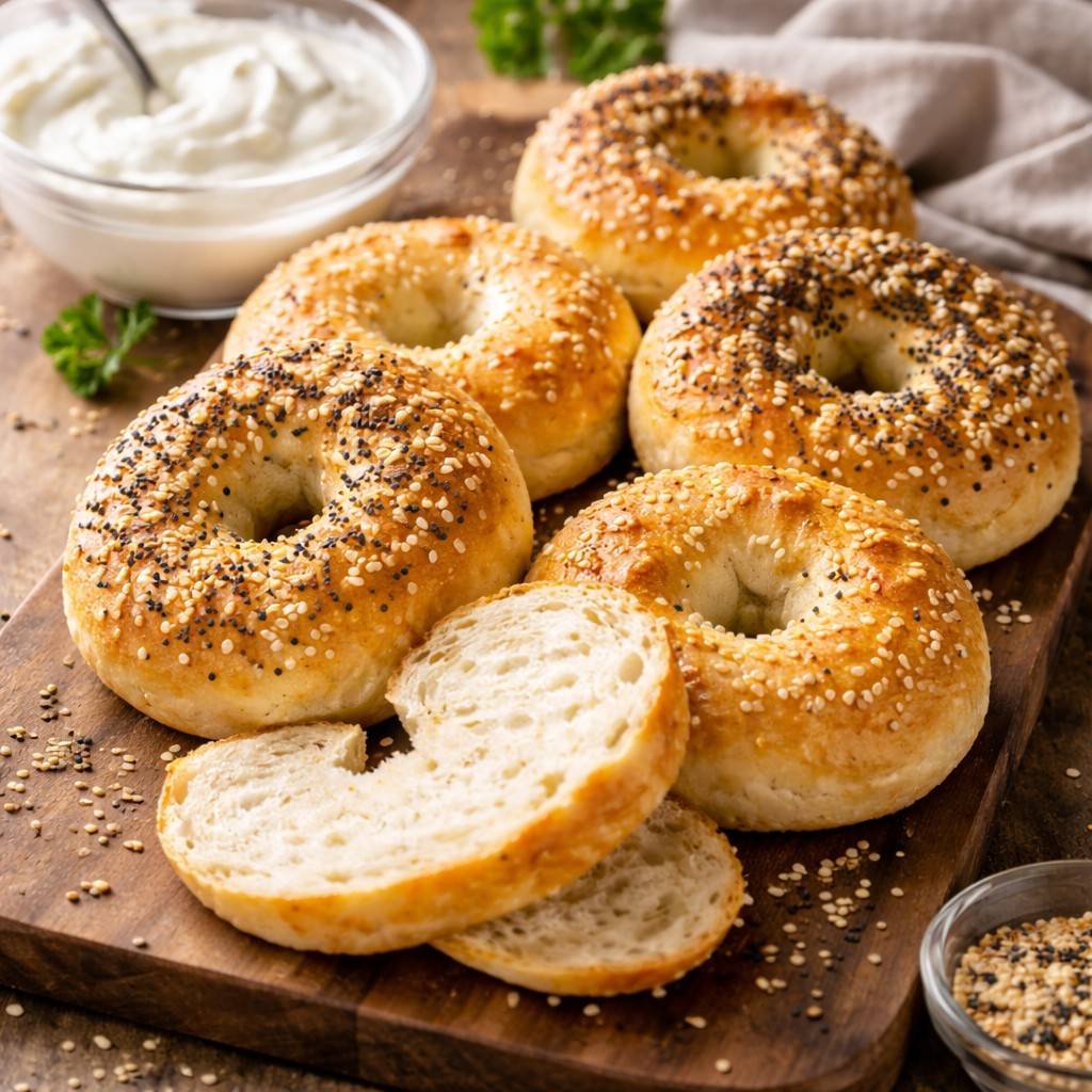 Golden bagels with yogurt and seeds