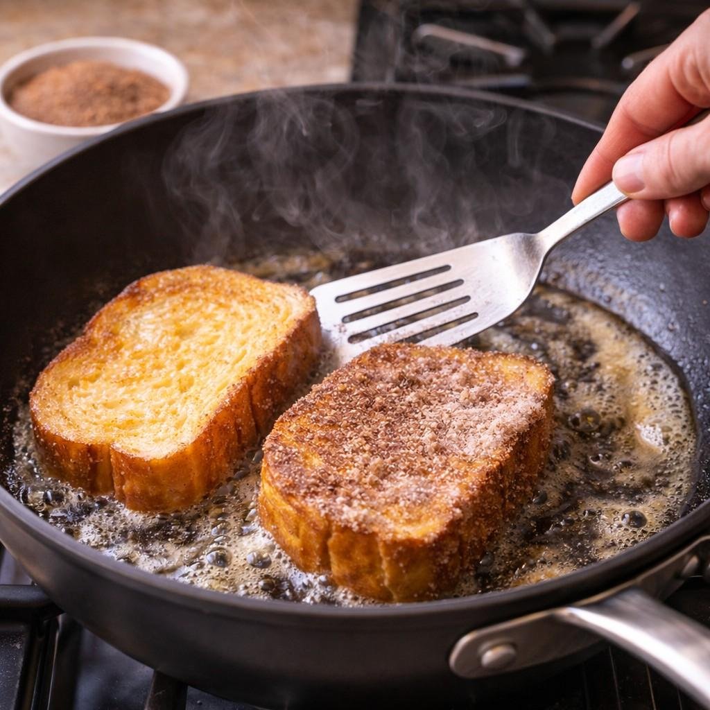 Golden churro French toast sizzling in butter