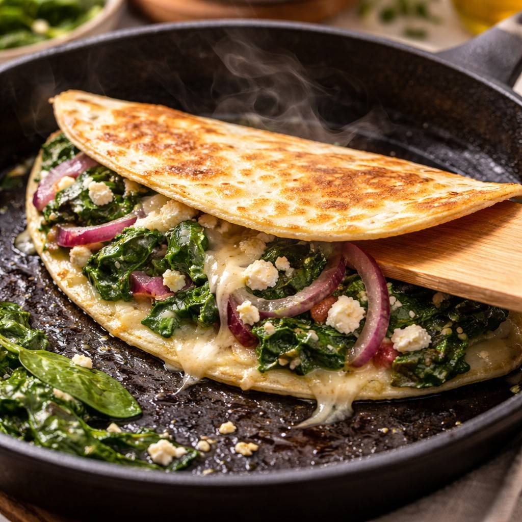 Golden quesadilla in skillet