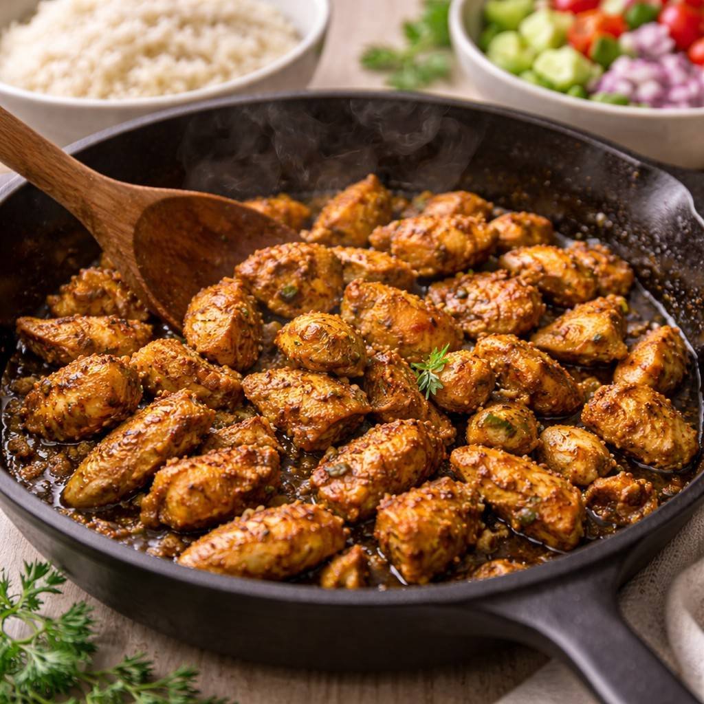 Golden spiced chicken in skillet
