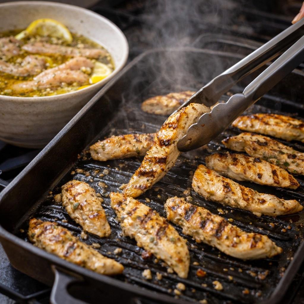 Grilling lemon-garlic chicken strips