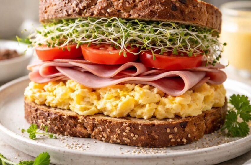 Healthy Ham Egg Sprouts Breakfast Sandwich