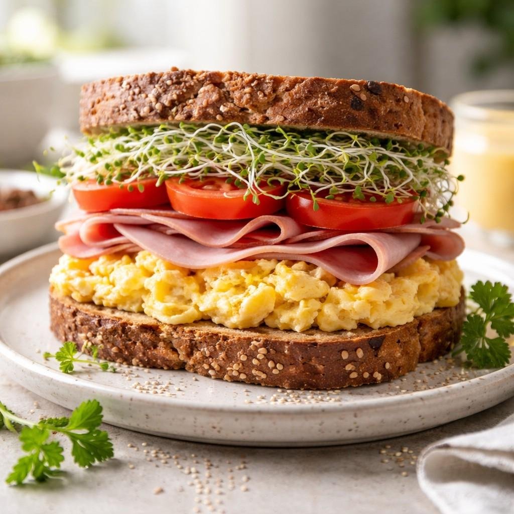 Healthy Ham Egg Sprouts Breakfast Sandwich