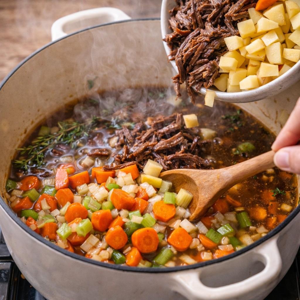 Hearty pot roast soup in the making