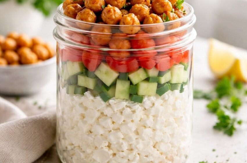 High-Protein Cottage Cheese Snack Jar with Crunchy Chickpeas