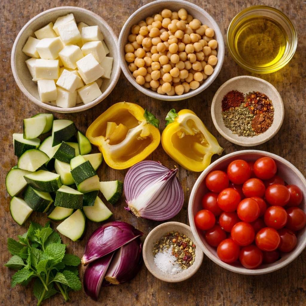 Ingredients for halloumi and roasted chickpeas
