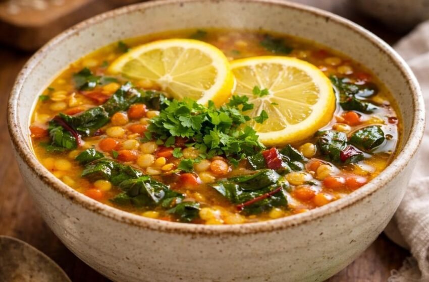 Lemon lentil soup with Swiss chard