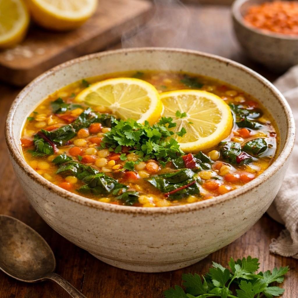 Lemon lentil soup with Swiss chard