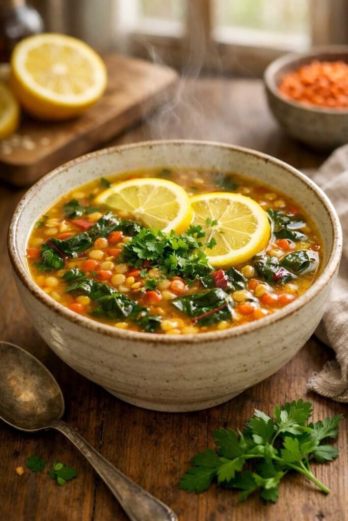 Lemon lentil soup with Swiss chard
