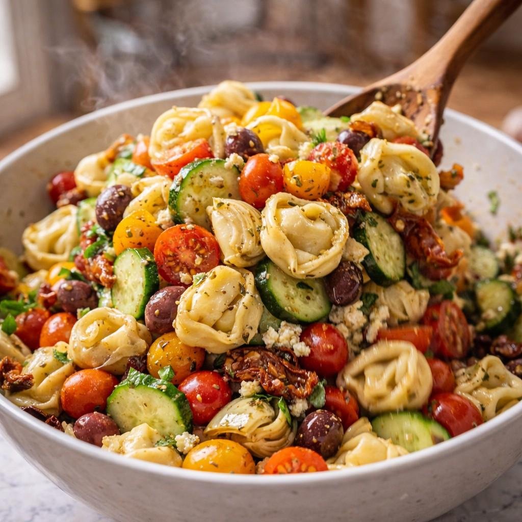Mediterranean tortellini salad prep