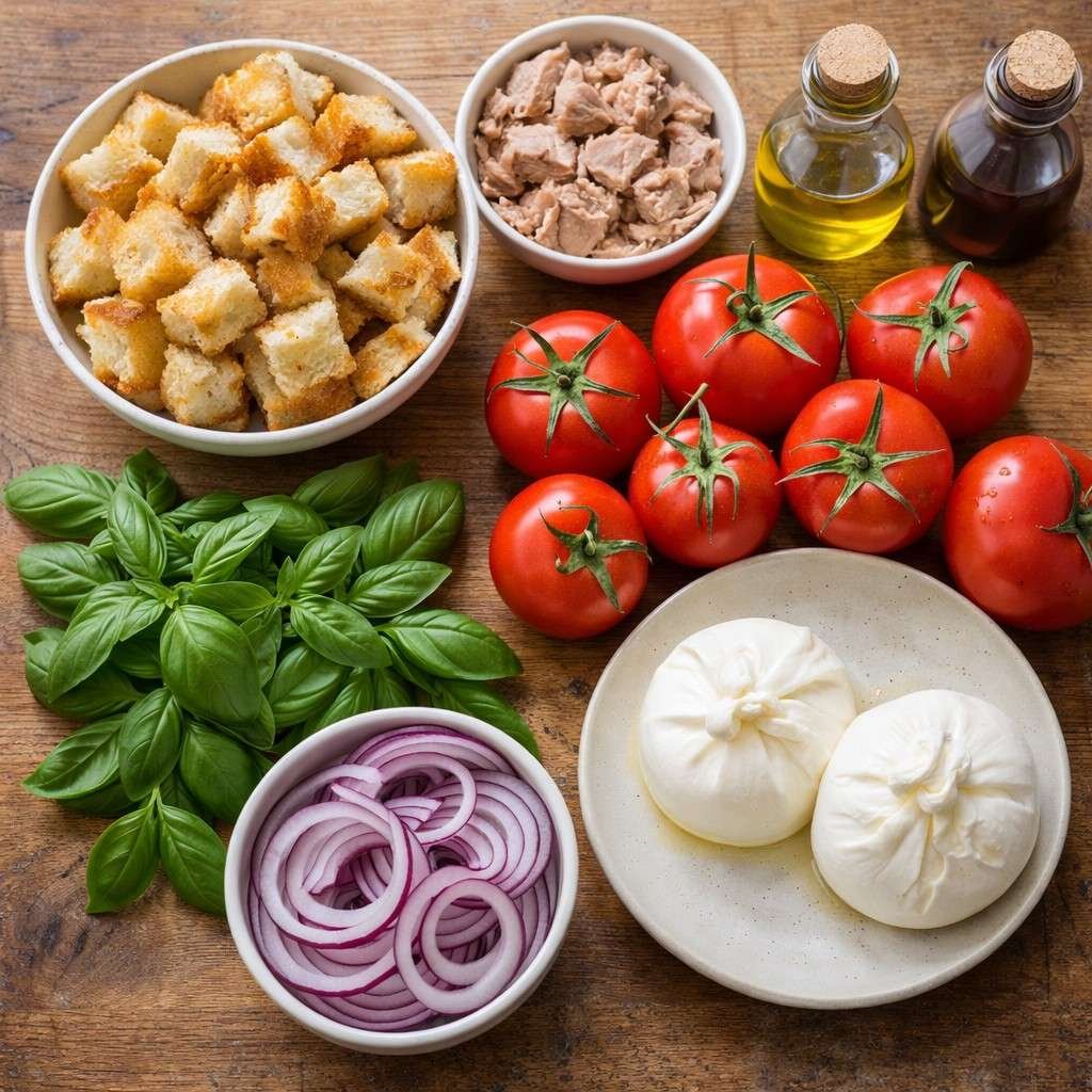 Mediterranean tuna panzanella ingredients