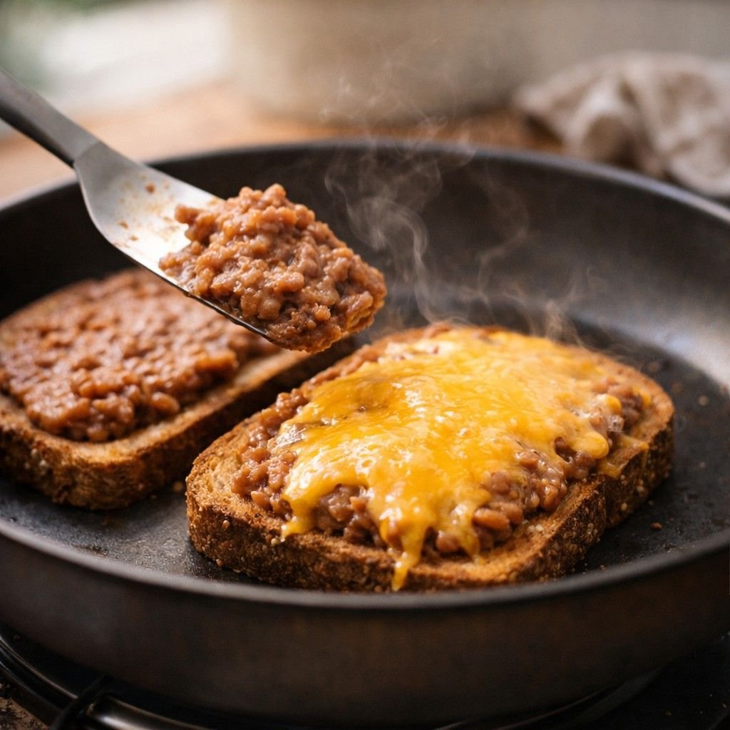 Melted cheese on refried bean toast