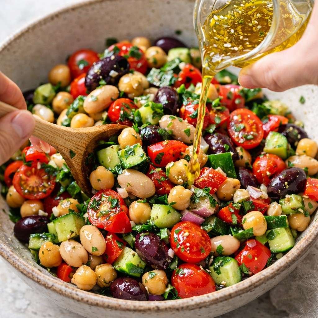 Mixing Mediterranean bean salad with vinaigrette