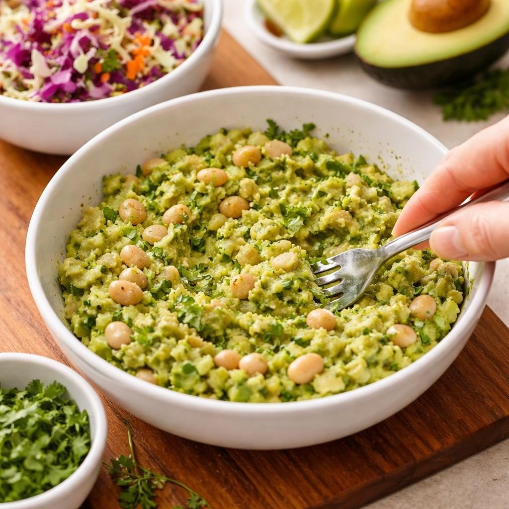 Mixing avocado and white beans