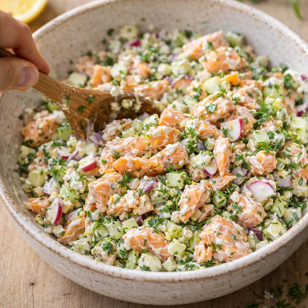 Mixing creamy salmon salad