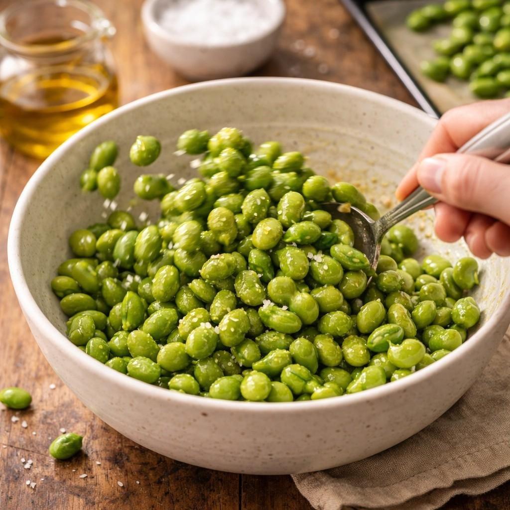 Mixing edamame with olive oil and salt