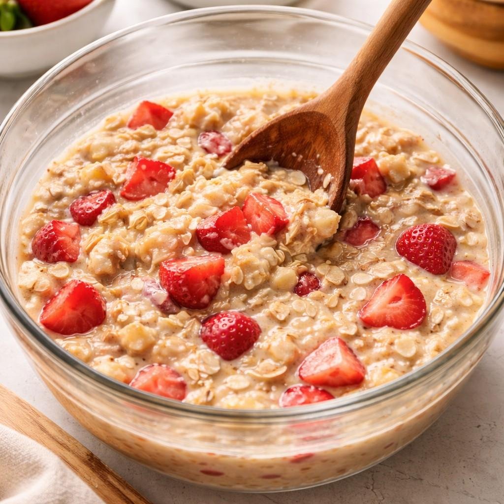 Mixing strawberry banana baked oats