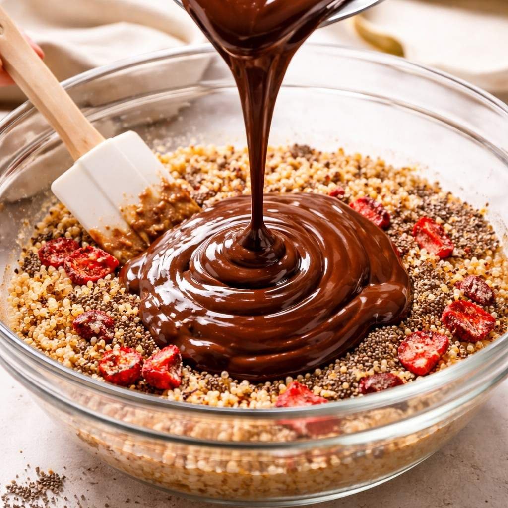 Pouring melted chocolate into quinoa mix