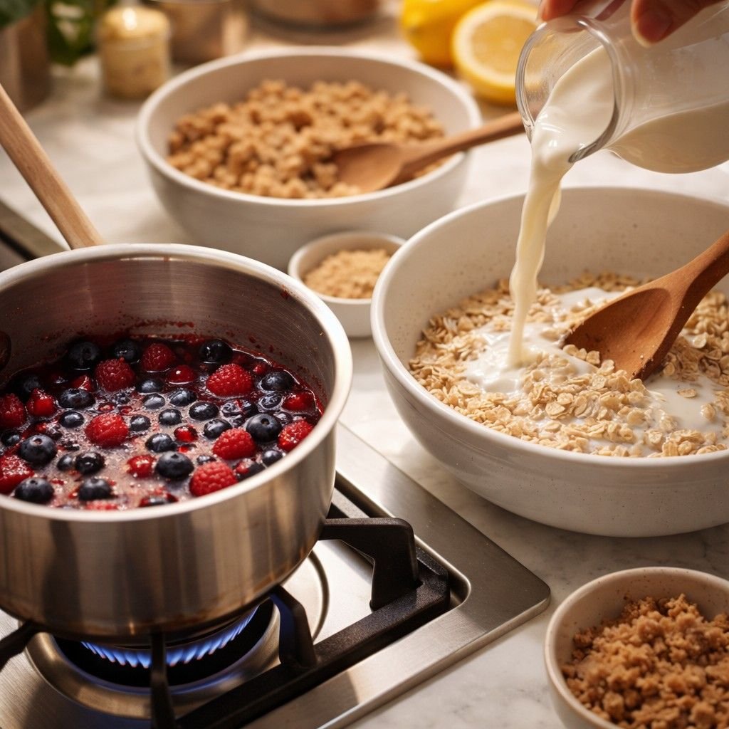 Preparing berry crumble overnight oats