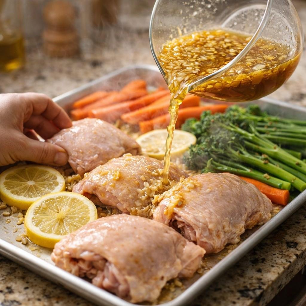 Preparing chicken and vegetables with marinade