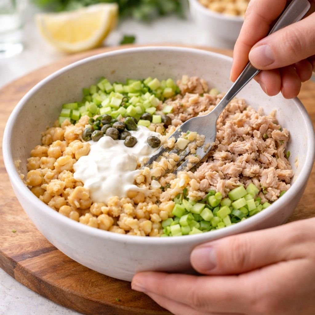 Preparing chickpea tuna salad