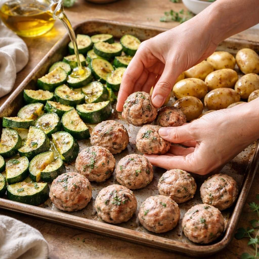 Preparing turkey meatballs with veggies