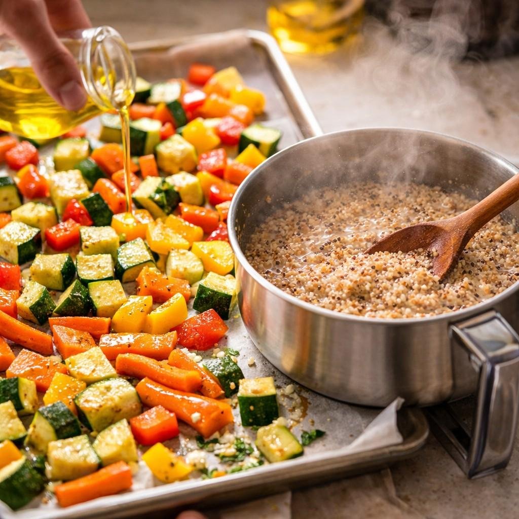 Roasted Vegetable Quinoa Salad Bowl prep