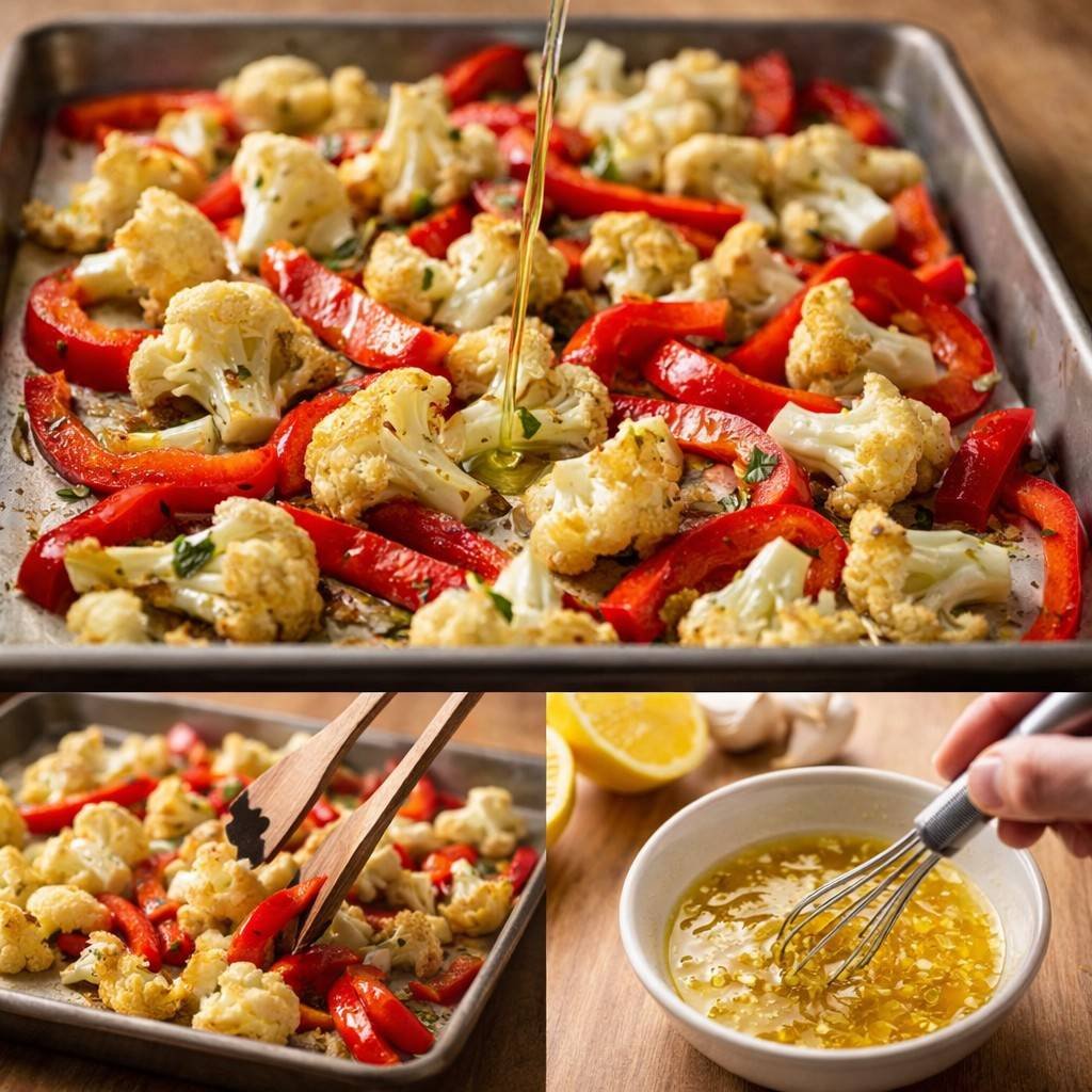 Roasted cauliflower and bell pepper salad prep