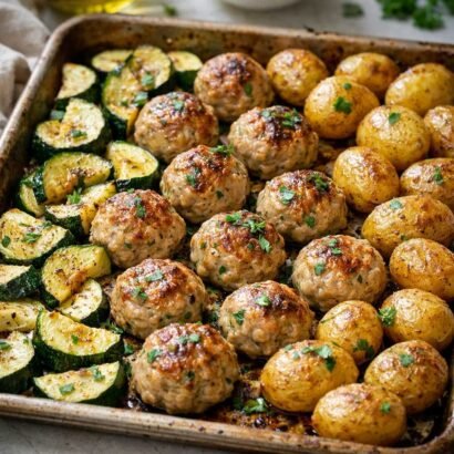 Roasted turkey meatballs with zucchini and potatoes